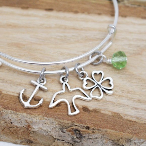 Anchor, Dove & Four Leaf Clover Adjustable Charm Bangle - Handcrafted - Picture 2 of 4